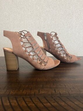 Vince Camuto Taupe Suede Cutout Block Heel Booties